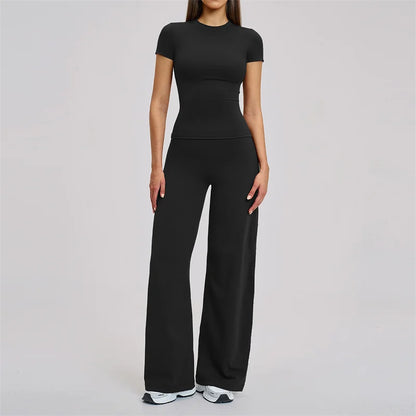 TRY TO BN Women's Tracksuit Two Pieces Yoga Sets Short Sleeve High Waist Leggings Fitness Sportwear Workout Running Gym Clothing