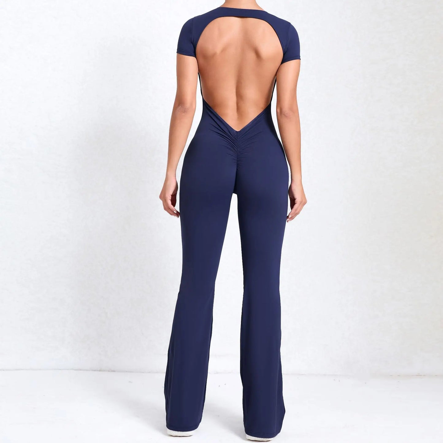 Women's Tracksuit Yoga Set Backless Jumpsuits Back V One Piece Fitness Rompers Short Sleeves Sportswear Gym Set Workout Clothes