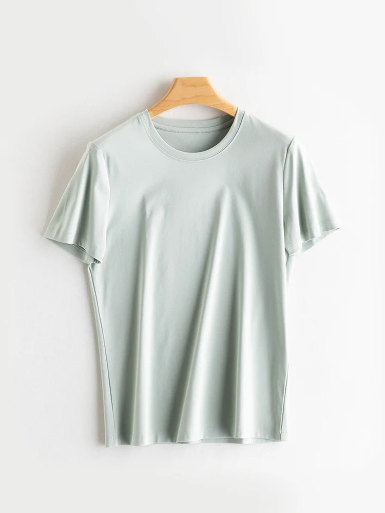 SuyaDream Women Solid T shirts, Silk Cotton Blend, O Neck, Short Sleeved Solid Tee,2025 Summer Candy Colors Basic Cozy Top Green