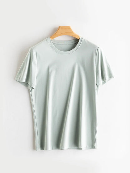 SuyaDream Women Solid T shirts, Silk Cotton Blend, O Neck, Short Sleeved Solid Tee,2025 Summer Candy Colors Basic Cozy Top Green