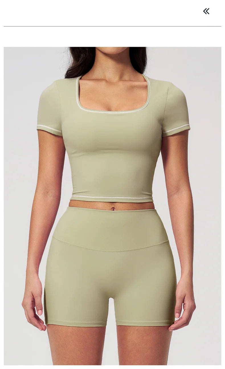 TRY TO BN 2 Pieces Women's Tracksuit Yoga Short Sleeves Top Sets High Waist Shorts Contrasting Color Running Fitness Gym Clothes