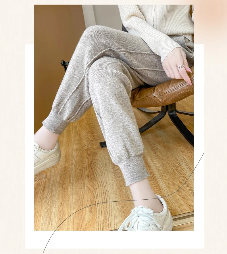 DjzDsm Women's Wool Pencil Pants Autumn Winter 100% Merino Wool Knitted Trousers Thick Soft Warm Pocket Casual Style Comfy Pants
