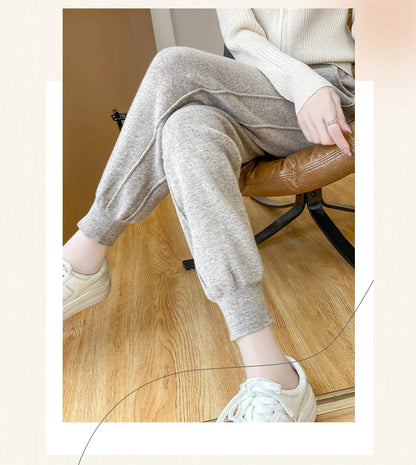 DjzDsm Women's Wool Pencil Pants Autumn Winter 100% Merino Wool Knitted Trousers Thick Soft Warm Pocket Casual Style Comfy Pants