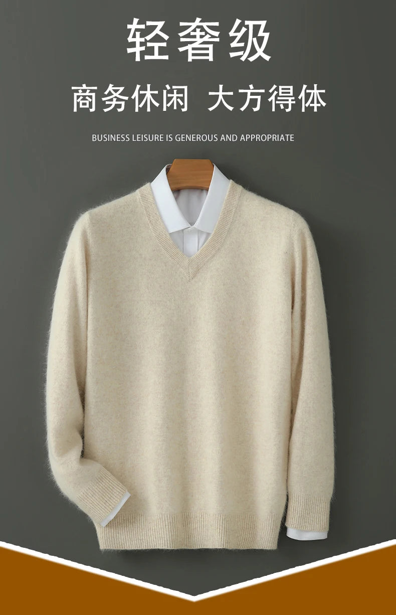 100% Pure Mink Cashmere Sweater Men's V-Neck Pullovers Knit Large Size Mink Sweater Winter New Long Sleeve High-End Jumpers Tops