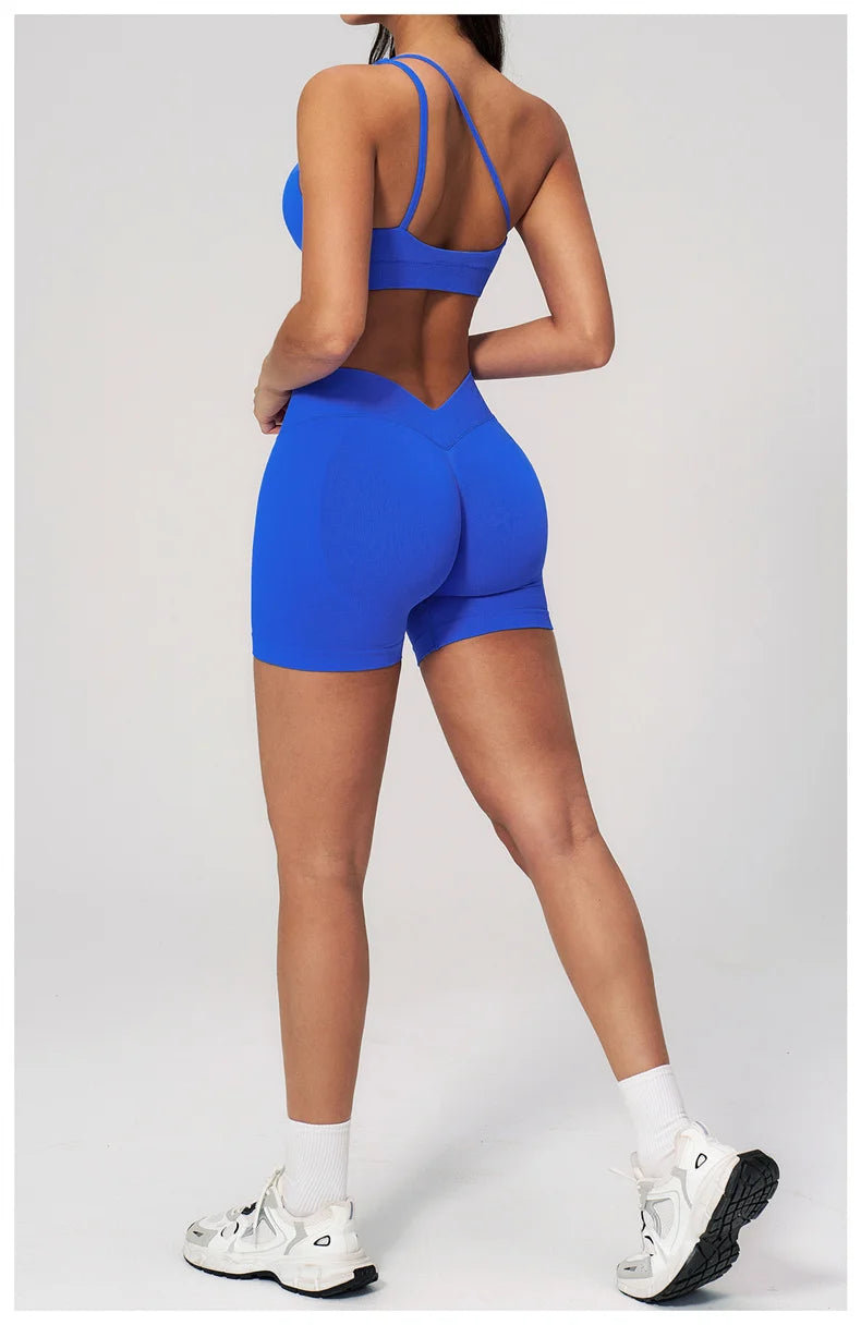 TRY TO BN Seamless Two Pieces Women's Tracksuit Yoga Shorts Set One-shoulder Hollow Backless Fitness Running Workout Gym Clothes