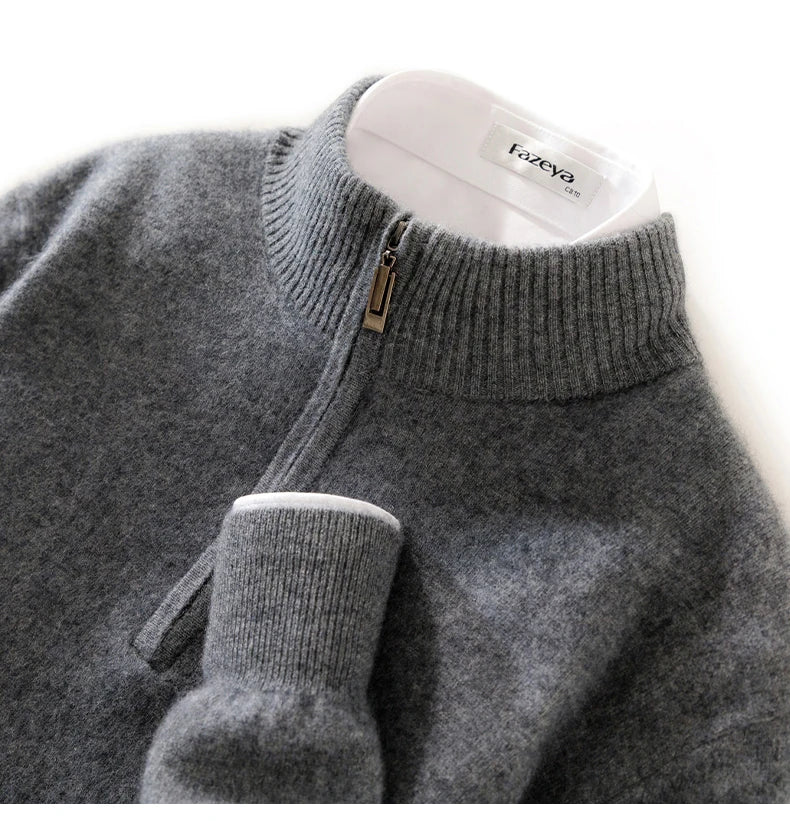 High-end 100% Cashmere Pullover for Men Mock Collar Thick Sweater Autumn Winter Knitted Jumper Warm Clothing Smart Casual Top
