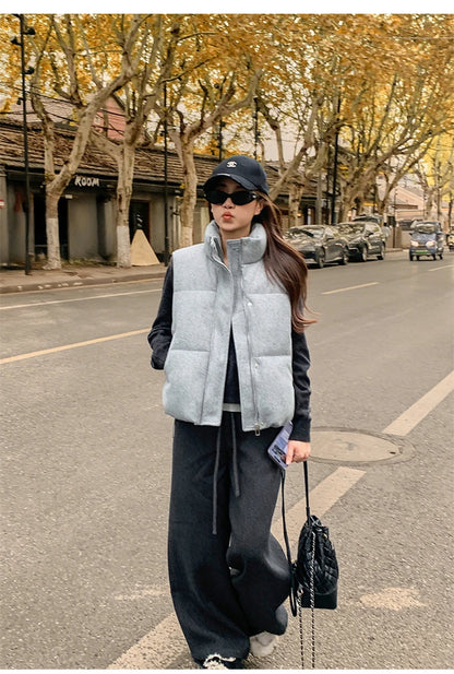 Short Down cotton Vest Women's 2025 Korean Fashion New Stand-up Sleeveless Zipper Student Vest Jacket Black Gray Waistcoat Tide