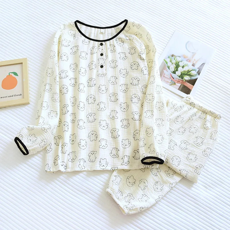 2026 New Spring and Autumn Women's Pajama Set 100% Cotton Crepe Cute Long sleeved Pants Two piece Printed Loose Home Fury