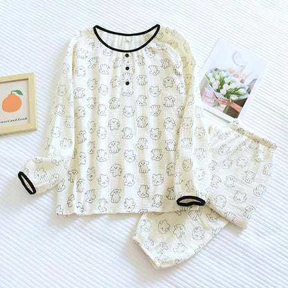 2026 New Spring and Autumn Women's Pajama Set 100% Cotton Crepe Cute Long sleeved Pants Two piece Printed Loose Home Fury