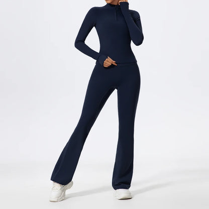 Hearuisavy Summer Half Zipper Yoga Suit Outdoor Workout Clothing Gym Set Women Flared Pants 2Pcs Sports Long Sleeves Shirt Suit