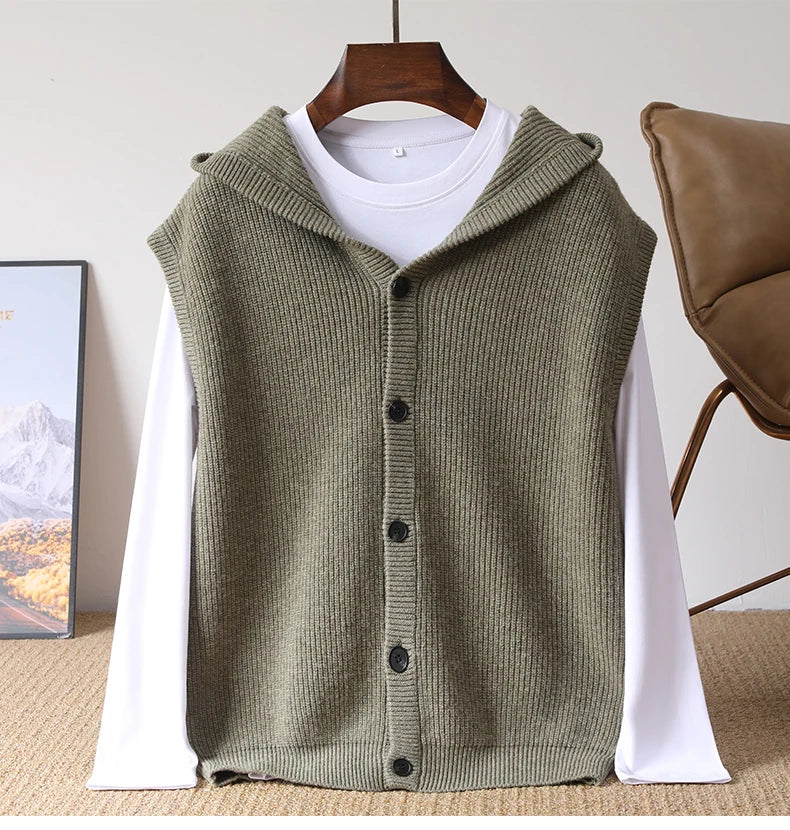 2025 Autumn/Winter Men's Vest 100% Merino Wool Knit Hooded Cardigan Casual Loose Sleeveless Solid Color Men's Cashmere Sweater