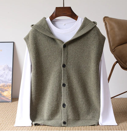 2025 Autumn/Winter Men's Vest 100% Merino Wool Knit Hooded Cardigan Casual Loose Sleeveless Solid Color Men's Cashmere Sweater