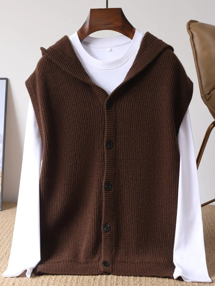2025 Autumn/Winter Men's Vest 100% Merino Wool Knit Hooded Cardigan Casual Loose Sleeveless Solid Color Men's Cashmere Sweater