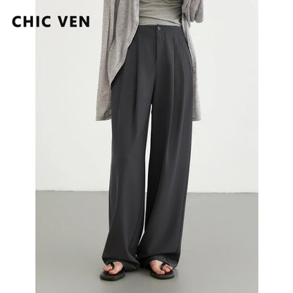 CHIC VEN Women Pants New Casual High Waisted Female Pleated Trousers Drooping Wide Leg Long Pant Office Lady Spring Summer 2025