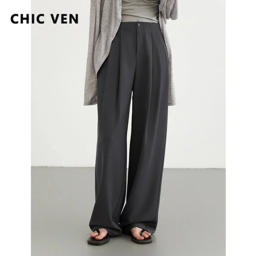 CHIC VEN Women Pants New Casual High Waisted Female Pleated Trousers Drooping Wide Leg Long Pant Office Lady Spring Summer 2025