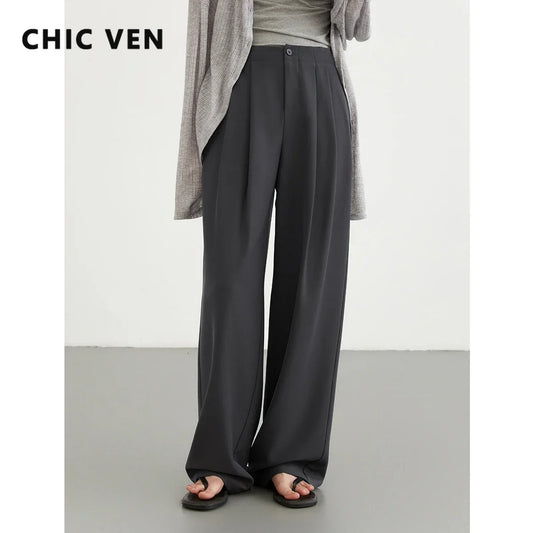 CHIC VEN Women Pants New Casual High Waisted Female Pleated Trousers Drooping Wide Leg Long Pant Office Lady Spring Summer 2025