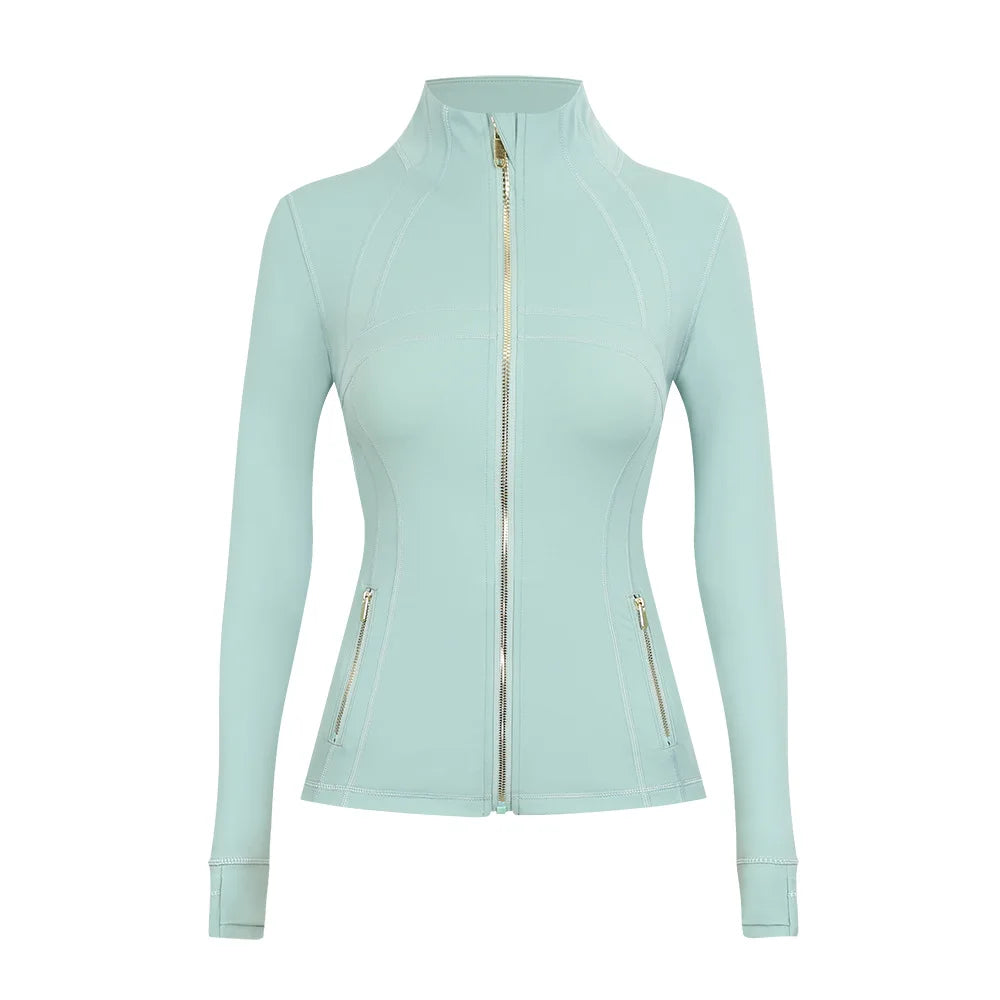 Personalized LOGO custom women's gold zip jacket tight stand-up collar quick-drying fitness running yoga suit 41-color S-3XL top