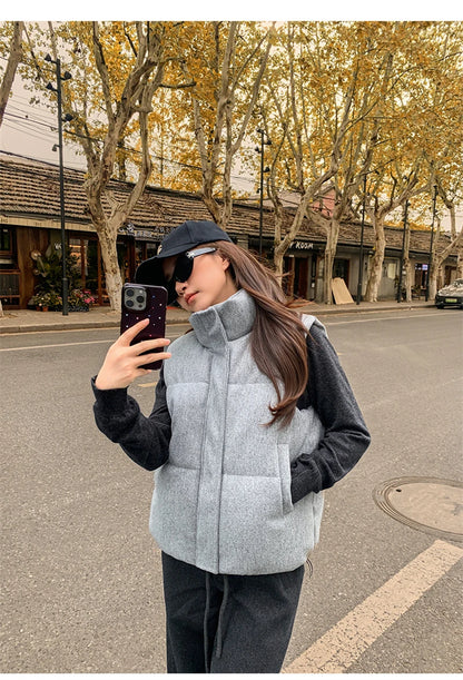 Short Down cotton Vest Women's 2025 Korean Fashion New Stand-up Sleeveless Zipper Student Vest Jacket Black Gray Waistcoat Tide
