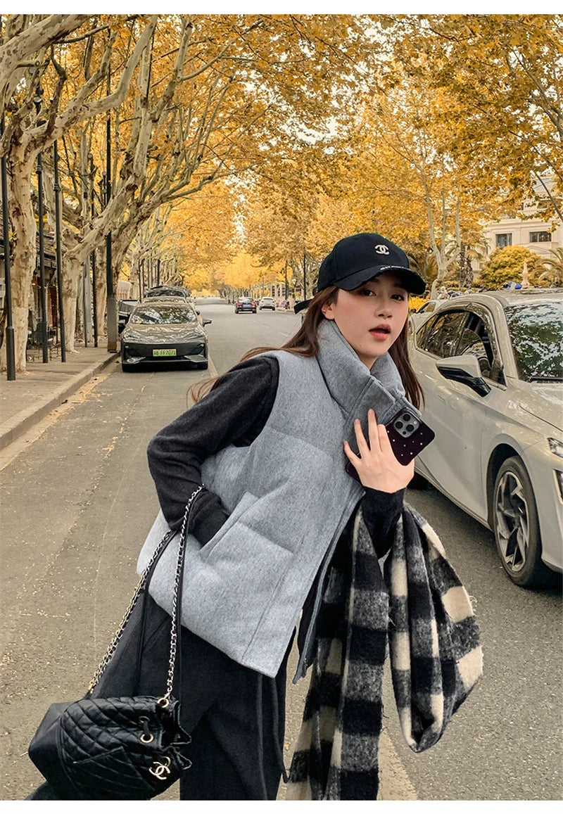 Short Down cotton Vest Women's 2025 Korean Fashion New Stand-up Sleeveless Zipper Student Vest Jacket Black Gray Waistcoat Tide