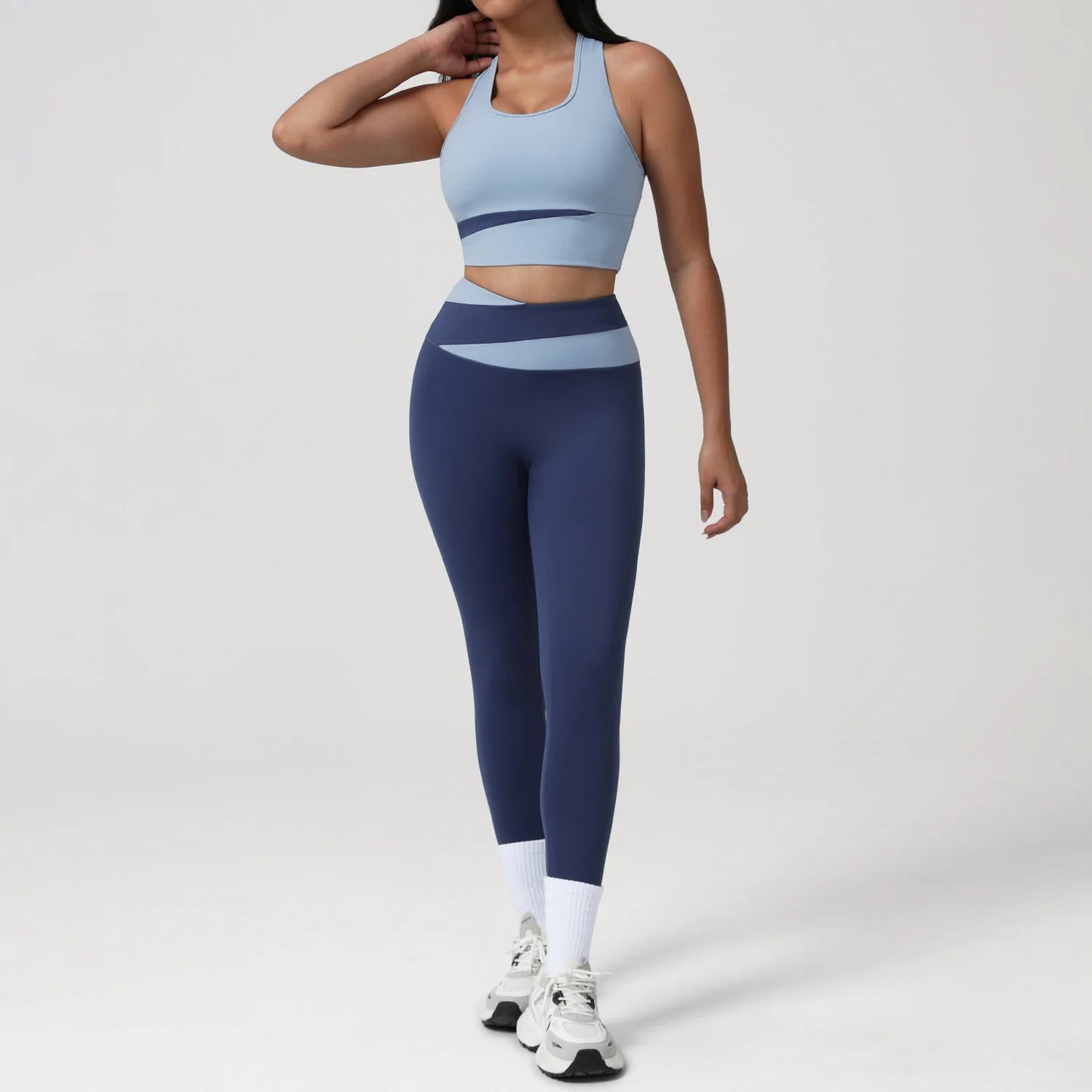 New Women's Color-Block Yoga Outfit Set Back Beauty Fitness Tank Top Long Sleeve Coat Hip-Lifting Leggings Running Fitness Set