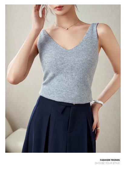 Women's Spring and Autumn 2026 New 100% Merino Wool V-Neck Pullover Knitted Suspender Casual Soft Inner Vest Women's Clothing