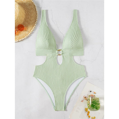 Sexy 8 Colors Deep V Neck Cut Out One Piece Swimsuit Women Swimwear Female High Leg Cut Monokini Bather Bathing Suit Swim V7177