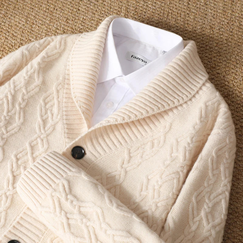 2025 Autumn Winter New Five Needle Thick 100% Merino Wool Sweater Men's Lapel Knit Cardigan Business Casual Warm Shirt Menswear