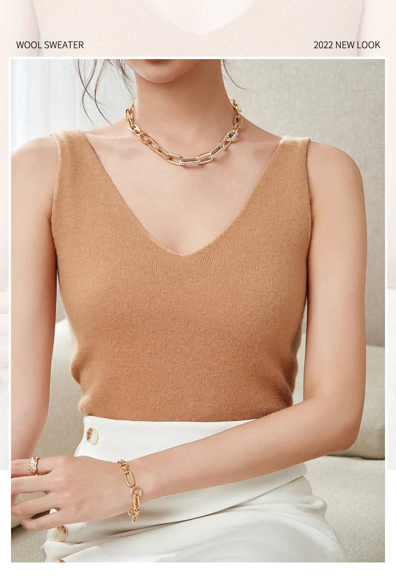 Women's Spring and Autumn 2026 New 100% Merino Wool V-Neck Pullover Knitted Suspender Casual Soft Inner Vest Women's Clothing