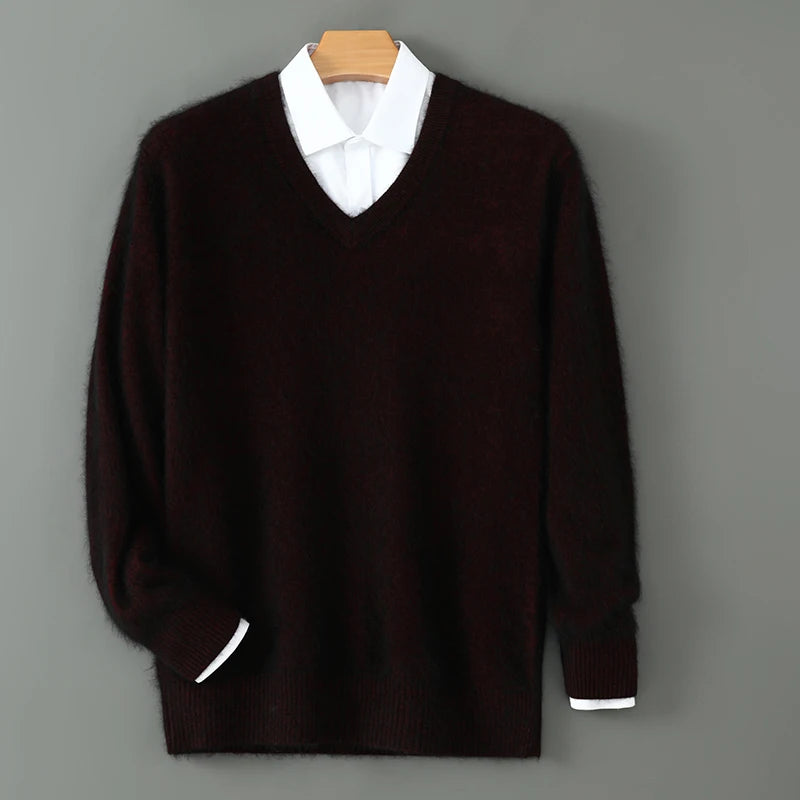 100% Pure Mink Cashmere Sweater Men's V-Neck Pullovers Knit Large Size Mink Sweater Winter New Long Sleeve High-End Jumpers Tops