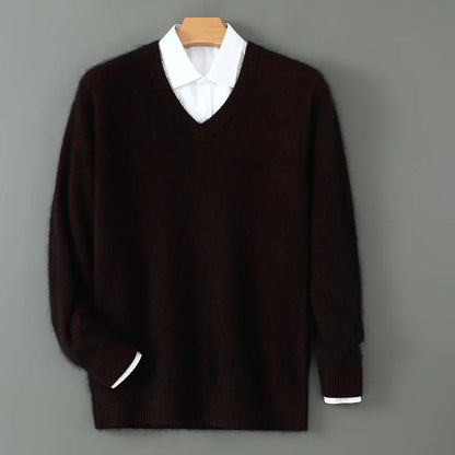 100% Pure Mink Cashmere Sweater Men's V-Neck Pullovers Knit Large Size Mink Sweater Winter New Long Sleeve High-End Jumpers Tops