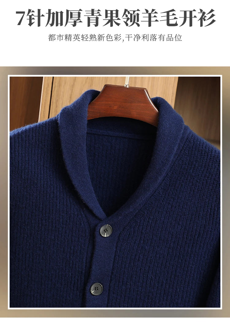 Men High Quality Polo Collar Cardigan Autumn Winter Thick Buttons 100% Merino Wool Sweater Smart Casual Coat Cashmere Knitwear