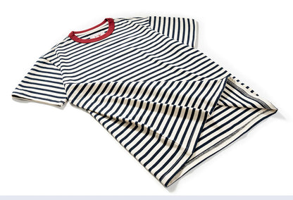Summer new pure cotton T-shirt men's American retro contrasting shirt versatile couple short sleeved T-shirt striped base shirt