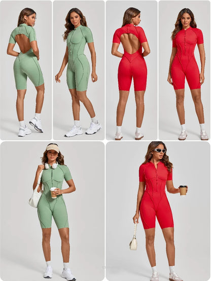 VITALINOVO Women Short Sleeve Workout Jumpsuit Backless Zip Up Romper Bottom Shorts Built-in Bra Bodysuit Bodycon Sexy One Piece