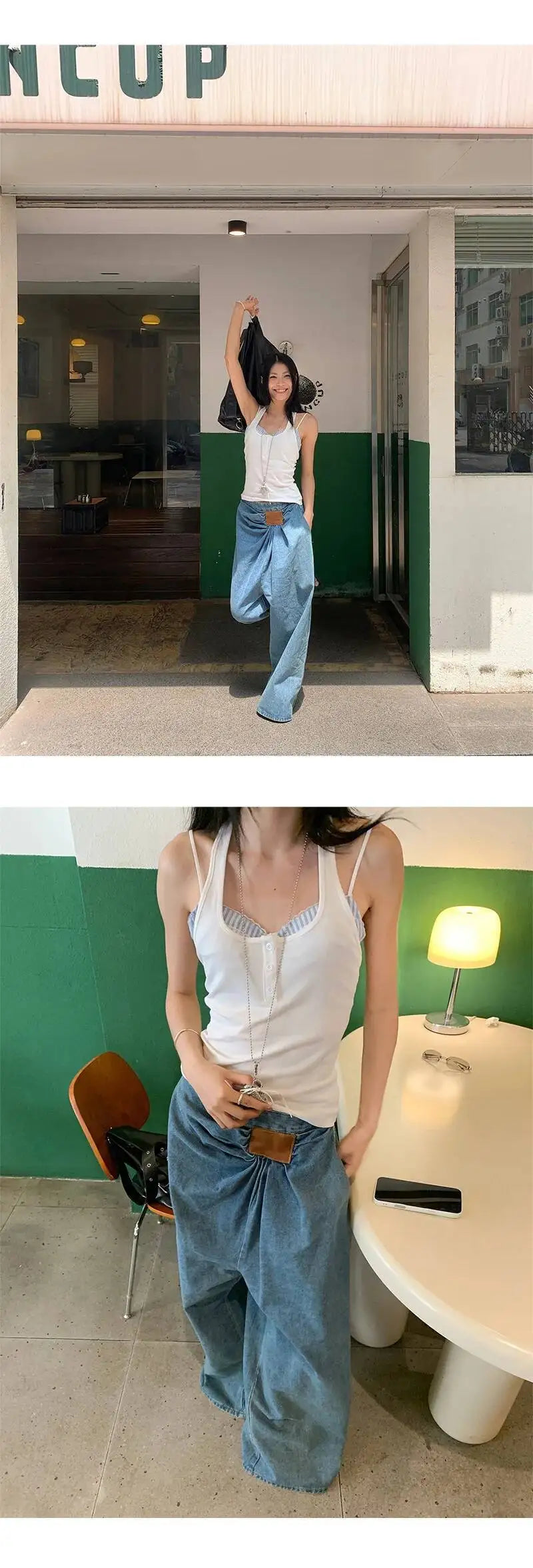DEAT Fashion Folds Design Sense Jeans Women's High Waist Loose Wide Leg Blue Denim Pants Summer New Tide 7AB9503