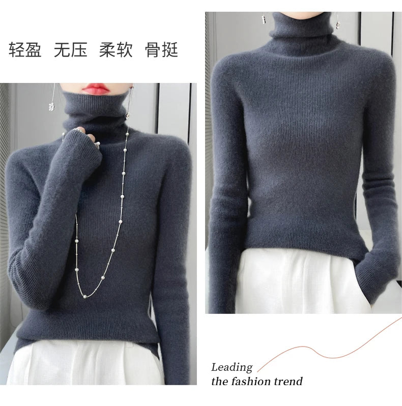 100% Merino Wool Long-sleeved Turtleneck Pullover Women's Autumn Winter Slim Sweater Basic Women's Clothes Cashmere Sweater