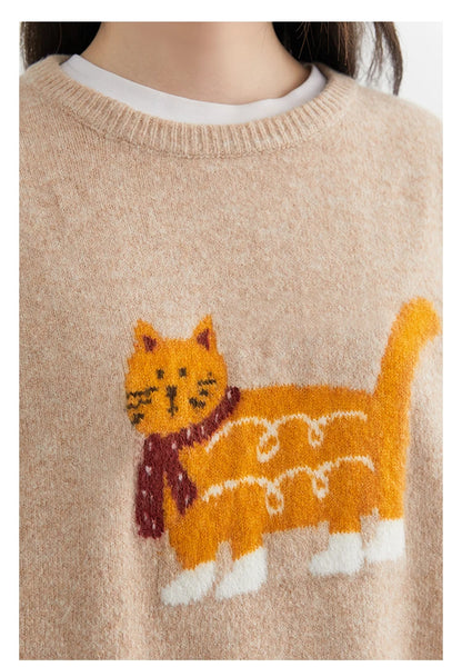 CHIC VEN New Women Sweaters Loose Casual O Neck Cartoon Cat Female Knitted Jumpers Pullovers for Girl Autumn Winter 2025