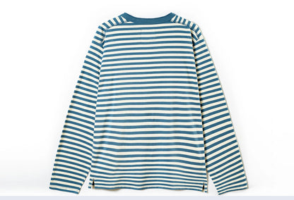 American retro striped long sleeved T-shirt for men, heavy-duty cotton washed T-shirt, oversized casual Henry collar base shirt
