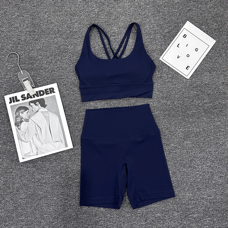 SOISOU Nylon Gym Yoga Set Women's Tracksuit Cycling Shorts Set Tight Elastic Short Chest Pad Removable Bra Womens Clothing