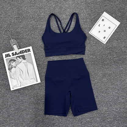 SOISOU Nylon Gym Yoga Set Women's Tracksuit Cycling Shorts Set Tight Elastic Short Chest Pad Removable Bra Womens Clothing