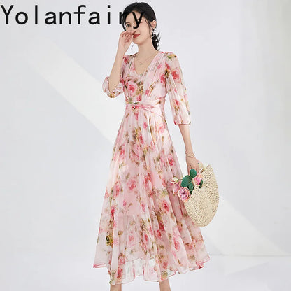 YOLANFAIRY 100% Real Silk Floral Dresses Woman Summer Clothes Elegant Mulberry Silk Pink Dress Romantic Women's Birthday Dress