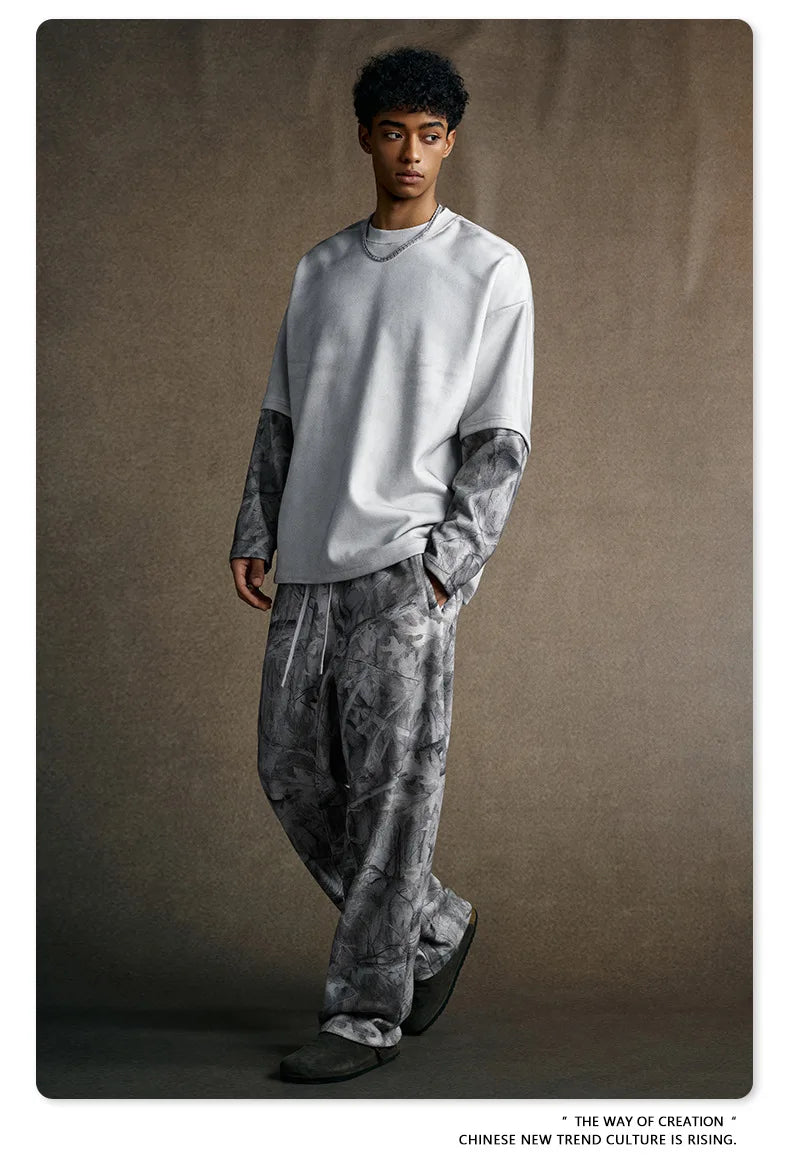 Custom LOGO Men's 2025 Autumn New 340G fleece-lined Fake Two-piece Camouflage Sweater T-Shirt Casual Pants Set