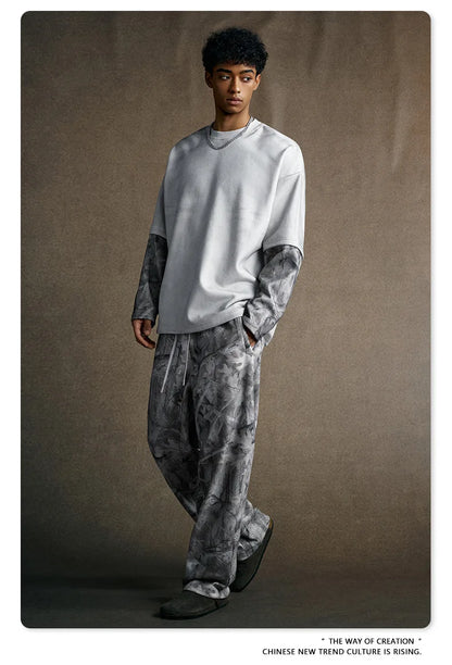 Custom LOGO Men's 2025 Autumn New 340G fleece-lined Fake Two-piece Camouflage Sweater T-Shirt Casual Pants Set
