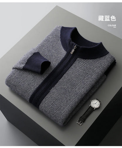 Autumn Winter 100% Merino Wool Knitted Zipper Cardigan Men's Half High Collar Herringbone Pattern Thick Coat Casual Warm Jacket