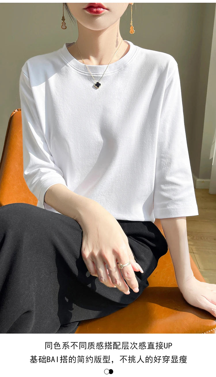 Spring And Summer New White Mercerized Cotton Short Sleeve T-Shirt Feminine Joker Cotton Cropped Sleeve Bottoming Shirt