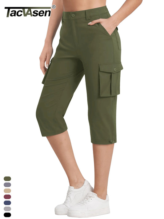 TACVASEN Summer Quick Dry Cargo Capri Pants Womens Outdoor Hiking Knee Length Joggers Lightweight Waterproof Shorts 6 Pockets