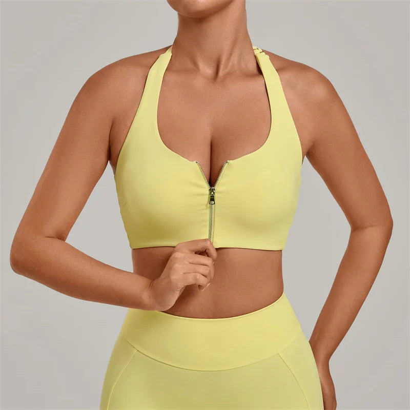 TRY TO BN Yoga Sports Bra Women's Zipper Halter Neck Naked Feeling Backless Underwear Fitness Tops Workout Running Gym Clothing