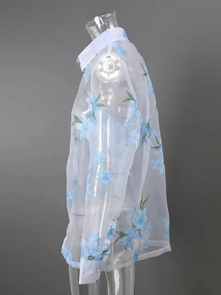 DEAT Fashion Floral Print Sheer Organza Shirt Women's Lapel Loose Light Blue Blouse Summer New