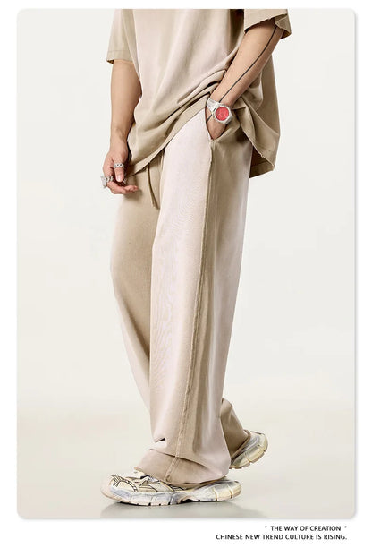 Custom LOGO men's 2025 autumn 370G heavy 100% cotton gradual change hole hooded sweater straight trousers set