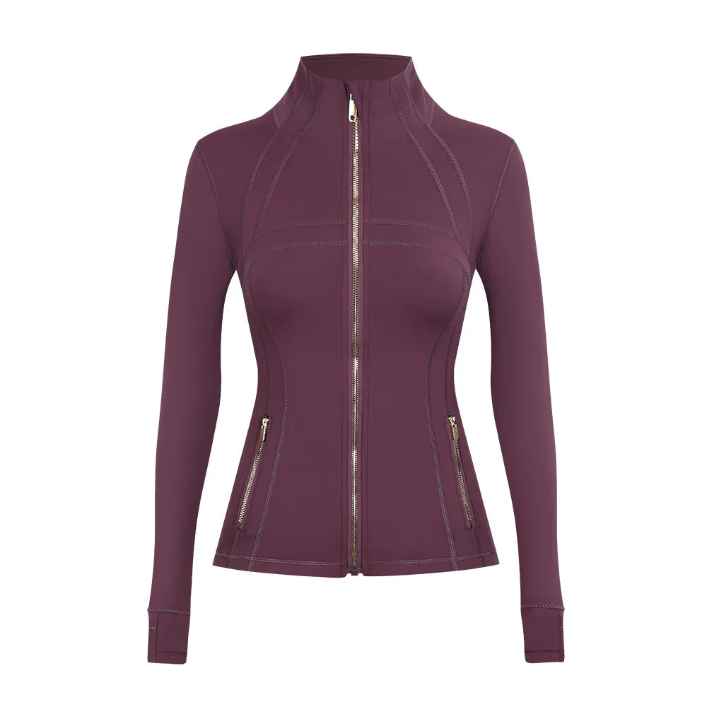 Personalized LOGO custom women's gold zip jacket tight stand-up collar quick-drying fitness running yoga suit 41-color S-3XL top