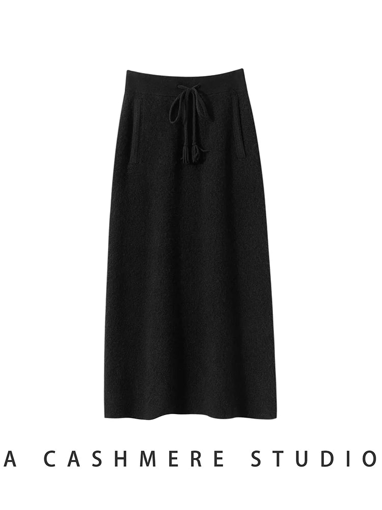 CHICUU Women's 100% Cashmere Knitted Skirt A-line Skirt Autumn Winter Thick Warm Office Lady Grace Style Cashmere Knitwear Skirt